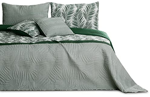 AmeliaHome Tagesdecke Bettüberwurf 240x260 cm zweiseitig pflegeleicht Steppung Pflanzenmuster Grün Weiß Tropical Bonaire