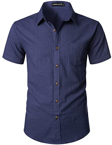 PARKLEES Men's Fitted Cotton Linen Casual Short Sleeve Button Up Shirts Lightweight Beach Tops with Pocket EU-PZLSC34-Navy Large