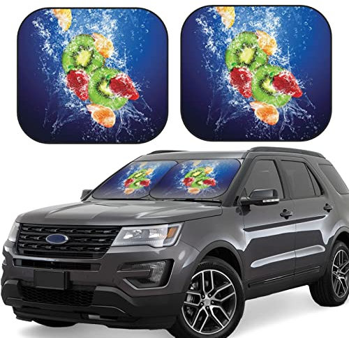 Lot de 2 pare-soleil pliables pour pare-brise de voiture, berline, camion, camionnette, motif gouttes d'eau autour des fruits sur fond bleu