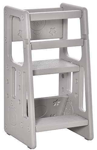 HOMCOM Lernturm Kinder-Tritthocker, Montessori Lernturm mit Handgriffe, Höhenverstellbarer Schemel, Küchenhelfer für Kinder 1,5 bis 5 Jahre, HDPE, Grau, 47 x 47 x 90 cm