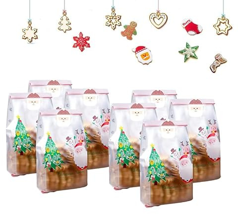Sacs en Plastique de père Noël Sacs à Bonbons de Noël Pochette à Biscuits Sacs de friandises avec Autocollants pour gâteau Bonbons Chocolat collation Boulangerie Pain Cupcake Beignets- 50 pièces
