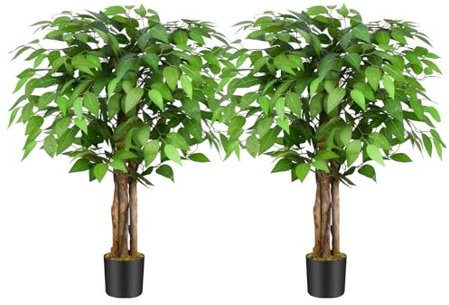 Keeplush 3ft Ficus Artificial Trees with Natural Curved Trunks, 36 Tall Lush Faux Tree for Home Decor Indoor, Green Lifelike Fake Ficus Tree Artificial Plants(Set of 2)
