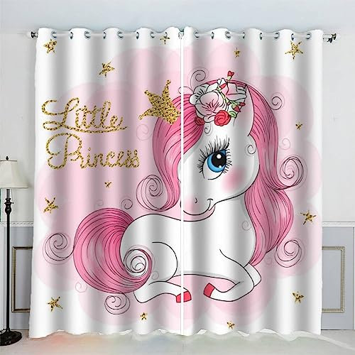 AKATIE Cartoon-Pferd Süßes Tier Vorhänge Blickdicht mit Ösen 2er Set Kindervorhänge 3D Gedruckt Rosa Kawaii Gardinen Modern Home Dekoration (183x214 cm)