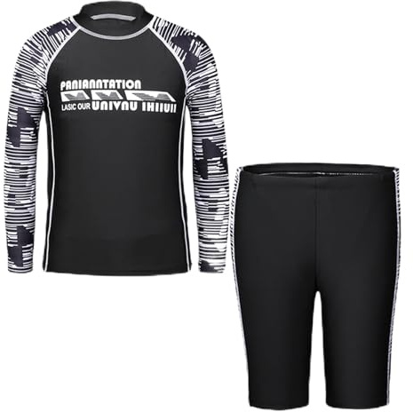 MZSYLK Pojkar baddräkt Rash Guard baddräkter set 3 stycken långärmade badskjortor snabbtorkande baddräkter med badbyxor, svart, 9-10 år