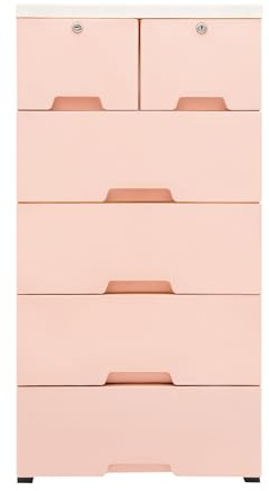 SuhoFutus Komode, 6-Stock Kunststoffschrank Aufbewahrungsschrank für Schubladen, Multifunktional Schrank mit Vier Rädern, Mobiler Schubladenschrank, Mit Schloss Schränke, 50x35x102cm (Rosa)