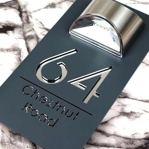 K Smart Sign | Bellissima LED F31 | Solar Light House Signs Door Number Plaques For Wall With Light Name Plaques For Outside (Matt Grey & Silvr Mirror)