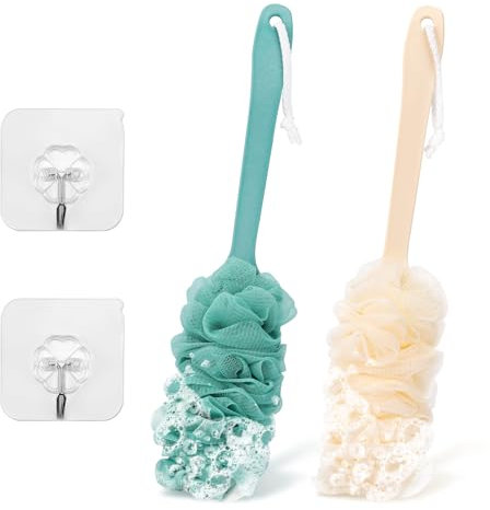 2 Pack Back Scrubber Brush Shower Loofah for Men or Women 17″ Body Scrubber Long Handle Sponge with Bath Brush Net Soft Mesh Back Washer Exfoliating and Removing Dead Skin Bath (Green & Beige)