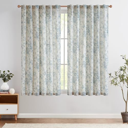 Vangao Leinenoptik Gardinen mit verdeckten Schlaufen Vorhänge 140Bx175H(cm) Länge Blumen Bedruckte Landhaus Halbtransparent Curtains Fenster Vorhänge für Wohnzimmer 2 Panels Blau auf Beige