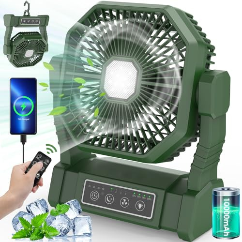 Camping Ventilator mit LED-Licht, Wiederaufladbarer Akku Fan mit Haken & Fernbedienung, 4 Geschwindigkeiten, Powerbank, Timer, USB Tischventilator für Outdoor Stromausfall Hurricane Angeln Reisen Grün