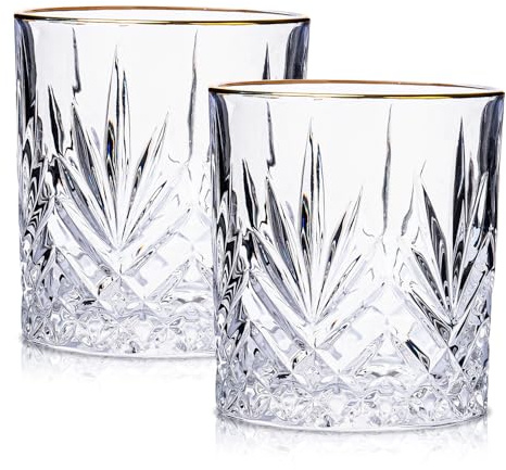 Raisaplin Whiskey Glasses Set of 2 with Gold Rim, 350ml/ 12oz Crystal Old Fashioned Rocks Barware Scotch Bourbon Whiskey Tumblers Snifter for Rum Cognac Vodka Liquor Bar Cocktail Drinks Gifts