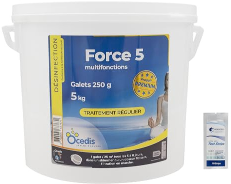OCEDIS Force 5-250 Multifonctions Galets 250g - 5kg | Chlore Lent Stabilisé Multiaction - Non Comburant - Désinfection Régulière Multifonction - Dissolution Lente + 10 Tests HPS OFFERTS 6 en 1