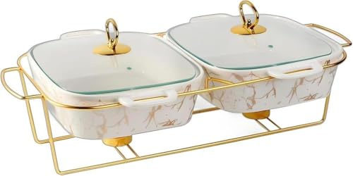 Gold Plating Serving Dishes, Ceramic Dry Pot Food Warmer Set, Chafing Dish Cookware Sets, Buffet Warmers Set with Lid