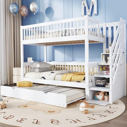 Kinderbett Etagenbett 90x200, Hochbett für 3 Kinder, Hausbett mit Ausziehbarem Bett&Treppenschrank, Doppelbett Holzbett Stockbett Jugendbett mit Lattenrost&Rausfallschutz, Kiefer, Ohne Matratze, Weiß