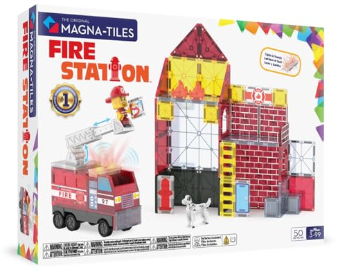 MAGNA-TILES Fire Station 50-Piece Magnetic Construction Set, The Original Magnetic Building Brand, Red, Multi-color