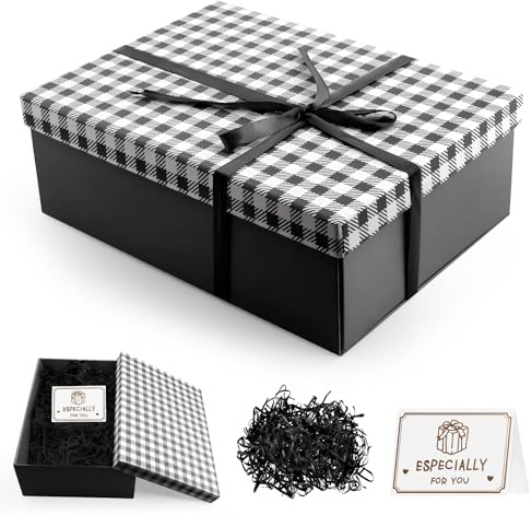 MOSTFUN Geschenkbox mit Deckel, 25 x 18 x 8.5cm Geschenk Box, Geschenkbox mit Schleifen, Grußkarten, Raffia für Geburtstage Hochzeiten Weihnachten Valentinstag (Schwarz)
