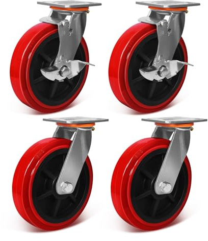 8x2 Polyurethane Wheels- Heavy Duty Casters Set of 4, Industrial Grade Polyurethane Casters 6000 lbs Load Capacity. Use for Workbench, Industrial Equipment (2 Brake & 2 Swivel)