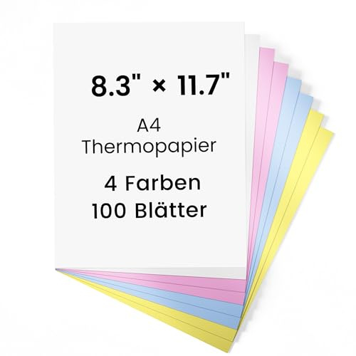 Phomemo Farbe Thermopapier A4 für Drucker M08F/ M832/M834, schnell trocknendes Thermopapier Druckerpapier, 210x297mm, 4 Farben Insgesamt 100