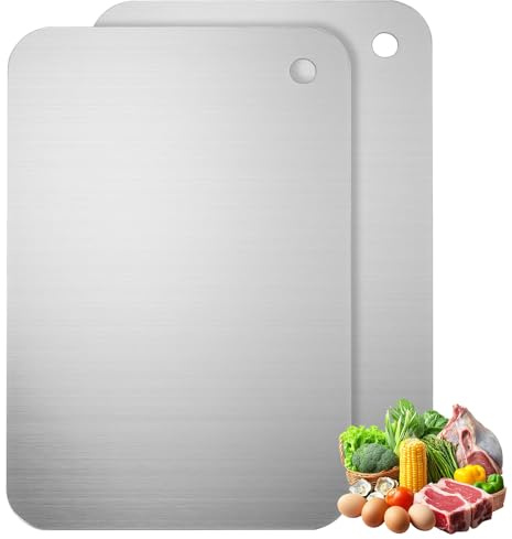 2 Pcs 304 Stainless Steel Chopping Boards, Titanium Cutting Boards for Kitchen, Food Grade Double Sided Metal Chopping Board Set for Meat Vegetables Fruits, Dishwasher Safe(9.45 x 5.9 in)