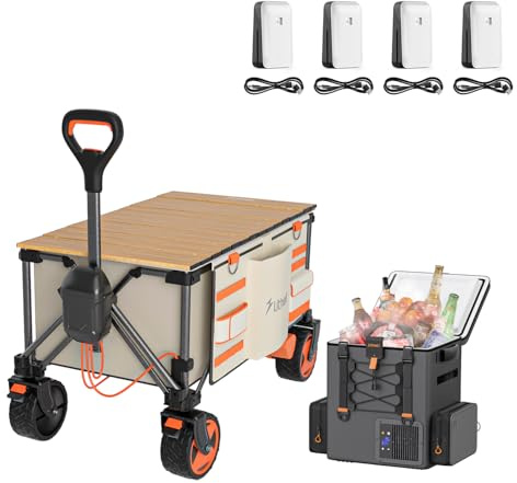 Litheli FrozenPack Akku Kühlbox mit Bollerwagen Faltbar und Tischplatte, 12/24/240V Rucksackkühlschrank, 150L 60KG Faltbollerwagen für Camping, Reisen, Wohnmobil, Inklusive 4 Batterien(4 Paket)