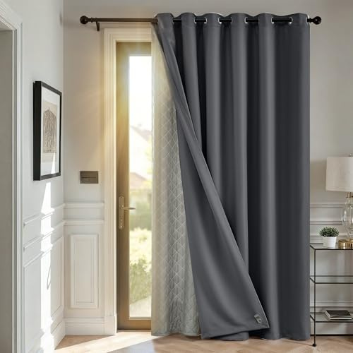 TOPICK Termisk gardin, köldskydd, gardiner, vardagsrum, ogenomskinlig, med öljetter, dörrgardin, mörkläggningsgardiner, sovrum, gardiner, H 260 x 200 cm, dubbla gardiner med avtagbart lager, mörkgrå