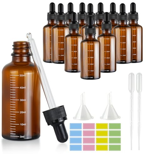 12 stycken pipettflaskor 50 ml: Brun glasflaska anti-UV, apoteksflaska med 2 trattar, 2 pipetter nålspets, 2 klistermärken, droppflaska för eterisk olja, parfymoljor, aromaterapi, dofter, vätska