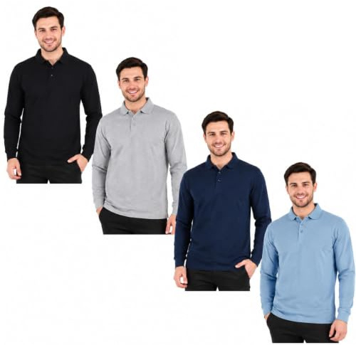 True Face Men's Polo Shirt Long Sleeve Classic Plain Pique Casual Collared Top Regular Fit, Comfortable Cotton Blend, Ideal for Work, Smart-Casual, Everyday Wear Assorted - 4 Pack L