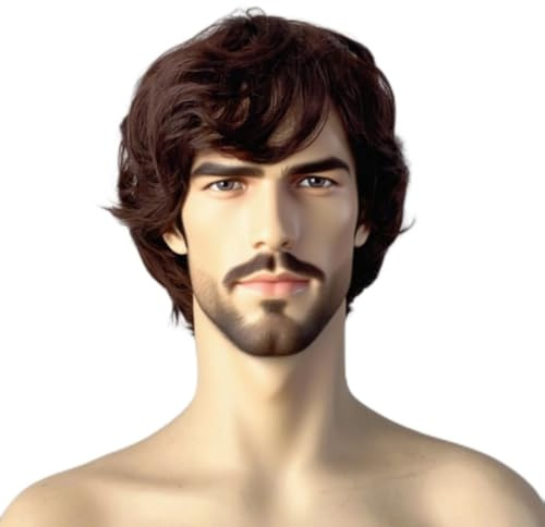 Perruque Homme Naturel Brune Perruque Homme Synthétiques Cheveux Court Perruque de Cosplay Halloween pour Hommes Carnaval Costume de fête Quotidien Rock Star soirée à thème(Marron)