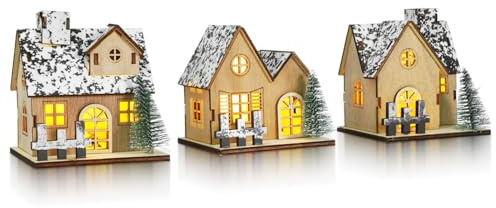 Mikinona 3 Villaggio Natale in Legno con LED Kit Te per Decorazioni Natalizie Casette Artigianali Illuminanti per Centrotavola per Casa e Ufficio