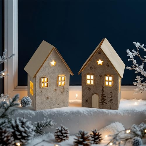 LED-filt vinterhus med trätak, set om 2 inklusive batteri – 10 x 7 cm – dekorativ julby varm vit upplyst – julbordsdekoration, stativ julstad, vinterby, juldekoration stämning