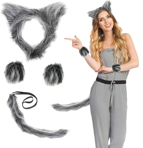 virkwuy 3 Stück Werwolf Kostüm, Wolfskostüm, Wolf Ohren, Werwolf Handschuhe, Wolfsschwanz, Geeignet für Karneval, Halloween, Mottopartys, Jahrmärkte und Cosplay für Erwachsene