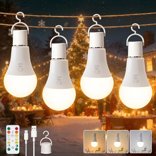 Ketom Lampadina LED Ricaricabile USB, E27 Lampadina con Telecomando | 4 Pezzi Lampadina Cordless, 7W, 3 Temperature Colore, Dimmerabile, Timer, Pulsante, per Campeggio Illuminazione di Emergenza