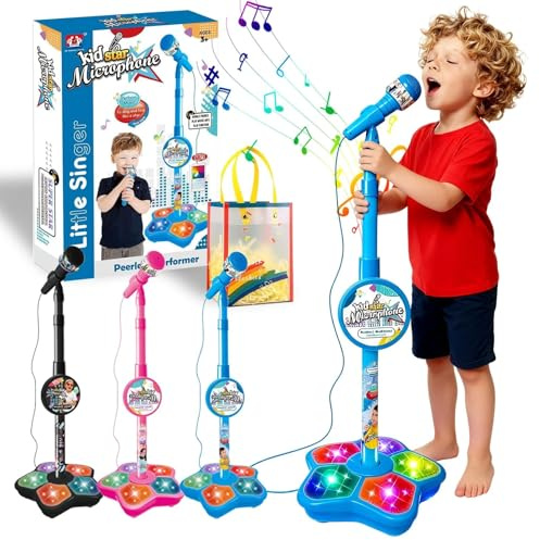 Microfono Karaoke per Bambini con Supporto, Microfono Per Bambini Con Stand - Mini Microfono, Adatto a Telefoni Cellulari, Lettori MP3 e Tablet, Adatto sia a Bambini che a Bambine (Blu)