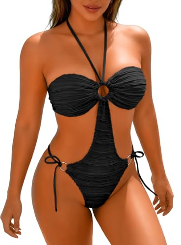 EHSUYAB Sexy Women Cut Out One Piece Swimsuit,Textured Halter Bandeau Bikini Strapless High Cut Cheeky Monokini,Beach Outfit Black XX-Large
