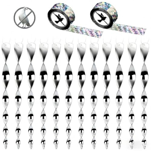 Prmape 2 Ruban Répulsif Oiseaux Reflechissant 80mx2.5cm+12pcs Spirale Réfléchissante, 360 Degrés Double Face Effaroucheur Oiseaux Réfléchissant pour Maison Jardin Balcon Verger