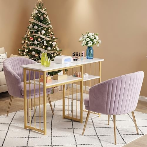 Mesa de uñas, escritorio de manicura para técnicos de uñas y salones, estación de uñas con textura marmoleada con estantes de almacenamiento abiertos, escritorio moderno de muebles de salón de uñas