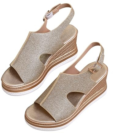 Sandaletter damer med kilklack – fritid, platå, strandskor, casual för kvinnor, espadrillos med klack, öppna sandaletter, klackskor, kilklack, sommar, kilsandaler, kilar, ankelremmar, Guld, 42 EU