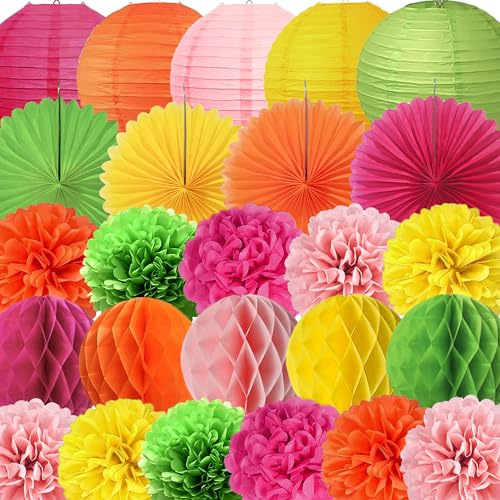 YBwanli 24 Stück Bunt Papierdekoration Set, Beinhaltet bunte Lampions, Pompons, Papierfächer und Wabenbälle, für Geburtstagsdeko, Hawaii Party deko, Gartenparty