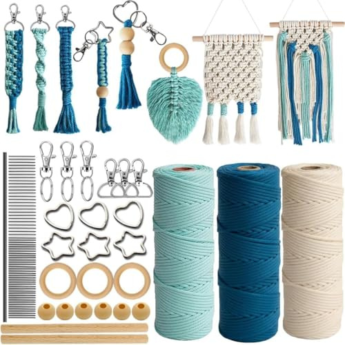 suo long Makramee Set für Anfänger mit Anleitung für Schlüsselanhänger | 3mm Kordel, Holzringe/Perlen/Stab, Schlüsselanhänger Teile für Wandbehang,Schlüsselanhänger, Boho Deko DIY Set für Erwachsene