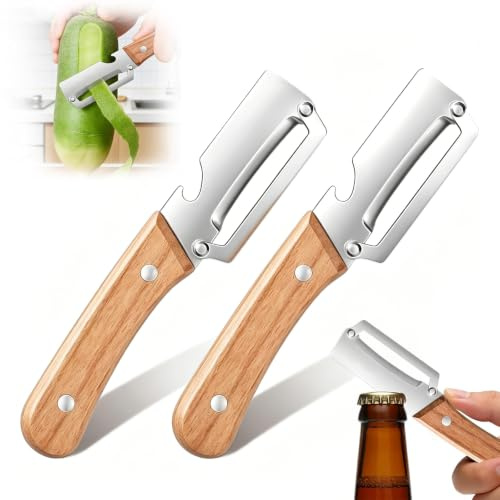 Galenecx 2 Piezas Pelador, Pelador Multifuncional de Verduras para Cocina | Peladors con Abrebotellas y Mango De Madera, para Verduras, Frutas, Zanahorias, Naranjas y Patatas
