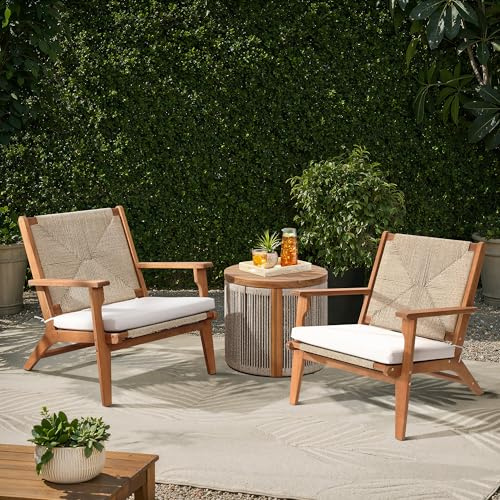 Hometopia Outdoor Gartenstühle 2er Set Holz, Gartensessel mit Geflochtener Seilrückenlehne und Kissen für Terrasse, Balkon und Garten Bis 150 kg Belastbar in Natur 64 x 73 x 73 cm