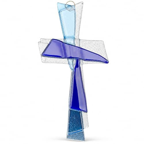 Lunexus religiös glaskruka väggkors blå transparent 27 cm – dopgåva nattvardsgåva konfirmationspresent handgjord Tyskland välsignelse horn