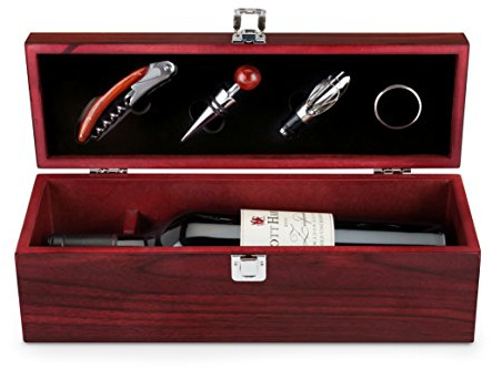 True Cherry 1-Bottle Wine Accessories Gift Set | Premium Corkscrew Opener Kit, Drip Ring, and Wine Pourer and Stopper in Wood Case with Padded Insert