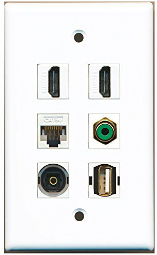 RiteAV - 2 HDMI 1 Port RCA grün 1 Port USB A-A 1 Port Toslink 1 Port Cat5e Ethernet weiße Wandplatte