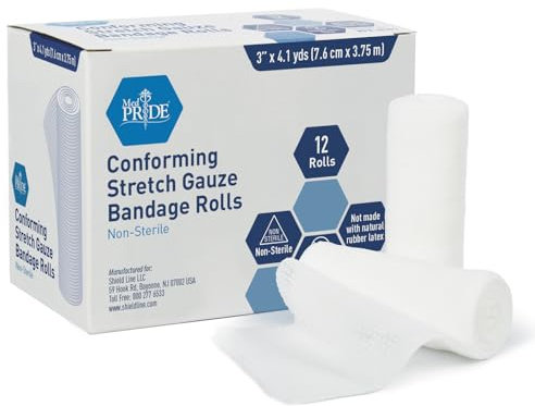 MED PRIDE Conforming Gauze Rolls First Aid Rolled Stretch Bandages for Wounds & Injuries – Disposable Nonsterile Body Wrap Dressing for The Knee, Ankle, Hands, Wrist, White (3''x 4.1 yd)