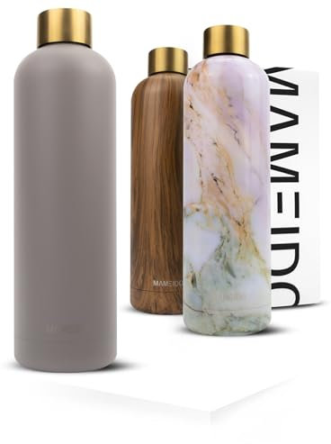 MAMEIDO Trinkflasche Edelstahl 500ml, auslaufsichere Thermosflasche, Kohlensäure geeignet, BPA frei, Isolierflasche 12h heiß & 24h kalt (Taupe Grey Gold, 0,5l)