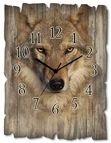 ARTLAND Wanddeko Wanduhr ohne Tickgeräusche aus Holz Funk Uhr 30x40 cm Rechteckig Lautlos Wolf Tiere Wald Nordisch Ländlich T1DQ