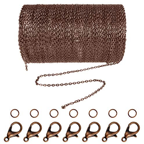 Jerbro - Catenina in lega, lunghezza 10 m, catena a maglie con 20 chiusure a moschettone e 30 anelli per gioielli fai da te, spessore 1,5 mm