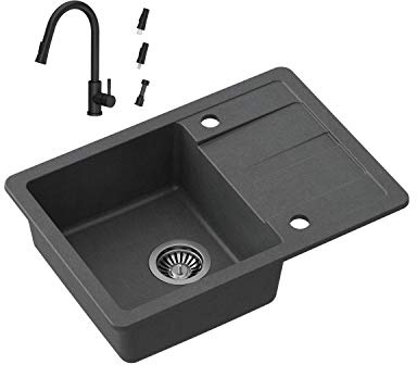 VBChome Schwarz 62 x 44 cm Granit Einzelbecken Einbauspüle Abtroffläche gesprenkelt reversibel Verbundspüle Auslauf Ausziehbar 2 Leistungsstufen + Siphon Spülmittelspender Armatur