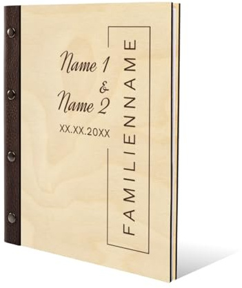 Personalisiertes Stammbuch Hochzeit aus echtem Holz mit Leder Rücken A5 oder A4 inkl. vorgedruckten Seiten - Familienname