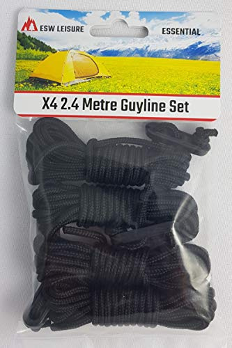 ESW LEISURE Guyline Ropes 4 Pack For Tents Awning Camping Strong Lightweight Paracord Guy Rope With Tensioner Guy Lines Fishing Umbrella Shelter Bivvy For Caravan Gazebo Tarp (Black, 2.4 Metre 4 Pack)